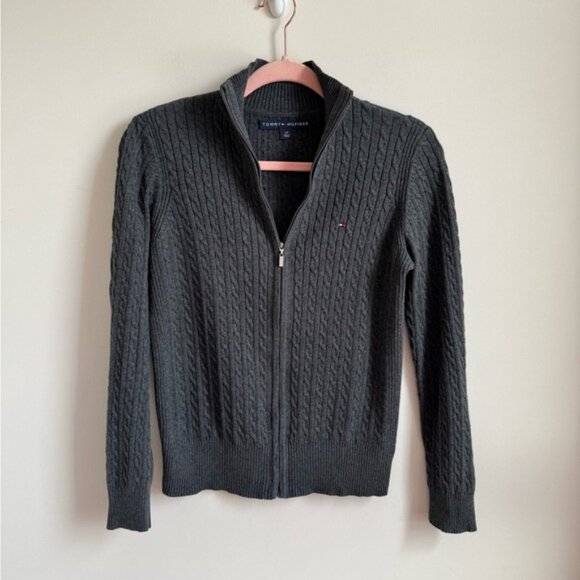 Tommy Hilfiger Dark Gray Classic Cotton Cable Knit Mock Neck Sweater - Picture 2 of 5